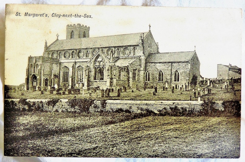 Norfolk - Cley 1910  Skeleton (32mm) full strike on postcard of St. Margaret's Church, Cley-next-