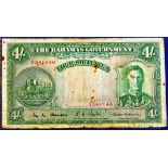 Bahamas - 1936  Four Shillings King George VI, Ref P9c, Grade VG+.  Scarce note.