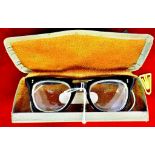 Vintage black plastic framed spectacles with cable arms (11cm wide) original case. Good condition.