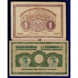 Estonia - 1919 (2) One Marka Ref P43a, Grade Fine (Treasury note); 1919 Three Marka Ref P44a,