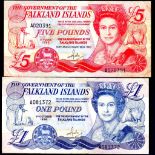 Falkland Islands - 1983-84 (2) 1983 £5 Ref P12, Grade VF; 1984 £1 Ref P13, Grade VF.