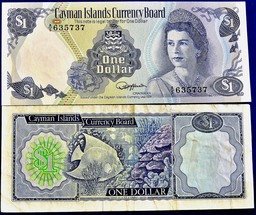 Cayman Islands - 1974 (2)  One Dollar Ref Pick 5a + 5d, Grade VF and UNC.
