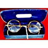 Vintage 1920's tortoiseshell-coloured cellulose covered gilt framed round spectacles, marked Pat.