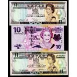 Fiji - 1980-2007 (3) One Dollar Ref P76; One Dollar Ref P89; Ten Dollars Ref P111. Grades VF-UNC.