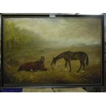 Two loose horses amongst the debris of battle. Frederick Thurlby - oil on canvas 18" x 26" -