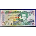 East Caribbean States - 1994  Five Dollars Suffix 'L' (St. Lucia).  Ref P31 Grade UNC.