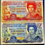 Falkland Islands - 1983-84 (2)  1983 £5 Ref P12, Grade VF; 1984 £1 Ref P13, Grade VF.