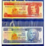 Barbados - 1973 & 1980 - (2)  1973 One Dollar Ref P29a, Grade EF; 1980 (N/D) Two Dollars, Ref P30,