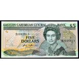 East Caribbean States - 1988  Five Dollars Suffix 'A' (Antigua).  Ref P18 Grade UNC.