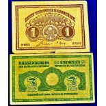Estonia - 1919 (2)  One Marka Ref P43a, Grade Fine (Treasury note); 1919 Three Marka Ref P44a, Grade