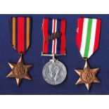British WWII Burma Star trio including The Italy Star and 1939 - 1945 medal with mention in the