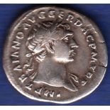 Roman Trajan AD96-138  Silver Denarius.  Rev: Fortuna, holding rudder a cornufoplae, Sear 3125.