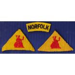 WWI The Norfolk Regiment Officers cloth shoulder titles, Yellow triangle with red stitched Britannia