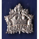 WWI Canadian Expeditionary Force Over Seas Service cap badge, made from silver in excellent