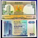 Hong Kong - Various (2)  1977 Ten Dollar The Chartered Bank Ref P74c, Grade UNC; 1997 Twenty Dollars