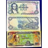 Jamaica - 1989-2002 (3)  1989 Ten Dollars; 1991 Ten Dollars; 2002 Fifty Dollars.  Refs P71c, P71d,