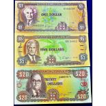 Jamaica - 1989  One Dollar, Five Dollars + Twenty Dollars.  Refs P68A, P70c, P71c, Grades VF-UNC.