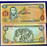 Jamaica - Various  1960-76 Two Dollars Ref P60a; 1987 Two Dollars Ref P69b.  Grades UNC.