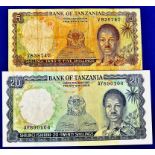 Tanzania - 1966 (2)  1966 Five Shillings Ref P1; 1966 Twenty Shillings Ref P3a.  Grades AVF/GVF.