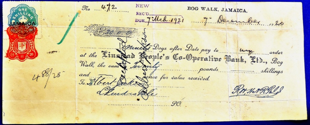 Jamaica - 1920 BOG Walk Jamaica  Cheque on Linstead Peoples Co-Operative Bank.  'Jamaica'