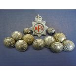 National Fire Service uniform buttons, a complete set with their cap badge, (2) WWII period