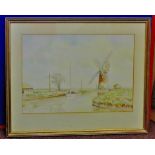 A water colour painting of Horsey Mere Windmill on the Norfolk Broads. Signed by Alan Stuart Parnell