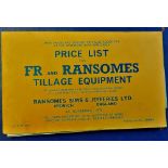 FR and Ransomes Tillage Equipment Price list 4th November 1974. Original condition with an  insert.