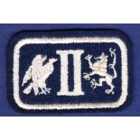 Post WWII British Formation sign, an Eagle and Lion facing the Roman figure 'II' in white and blue.