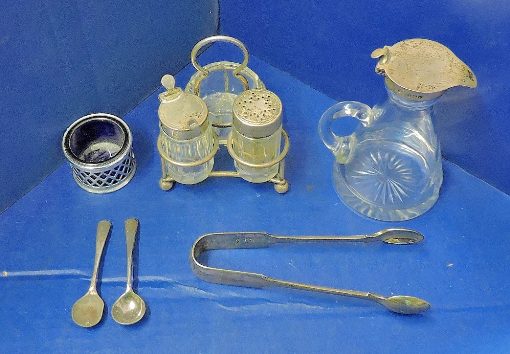 Vintage Silver - various  Sugar Tongs, Salt Pot and a silver (Birmingham) topped vinegar flask and