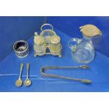 Vintage Silver - various  Sugar Tongs, Salt Pot and a silver (Birmingham) topped vinegar flask and