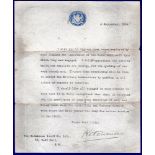 World War I Kitchener (War Office)  Letter to The Wilkinson Sword Co. 'King and Country' regarding
