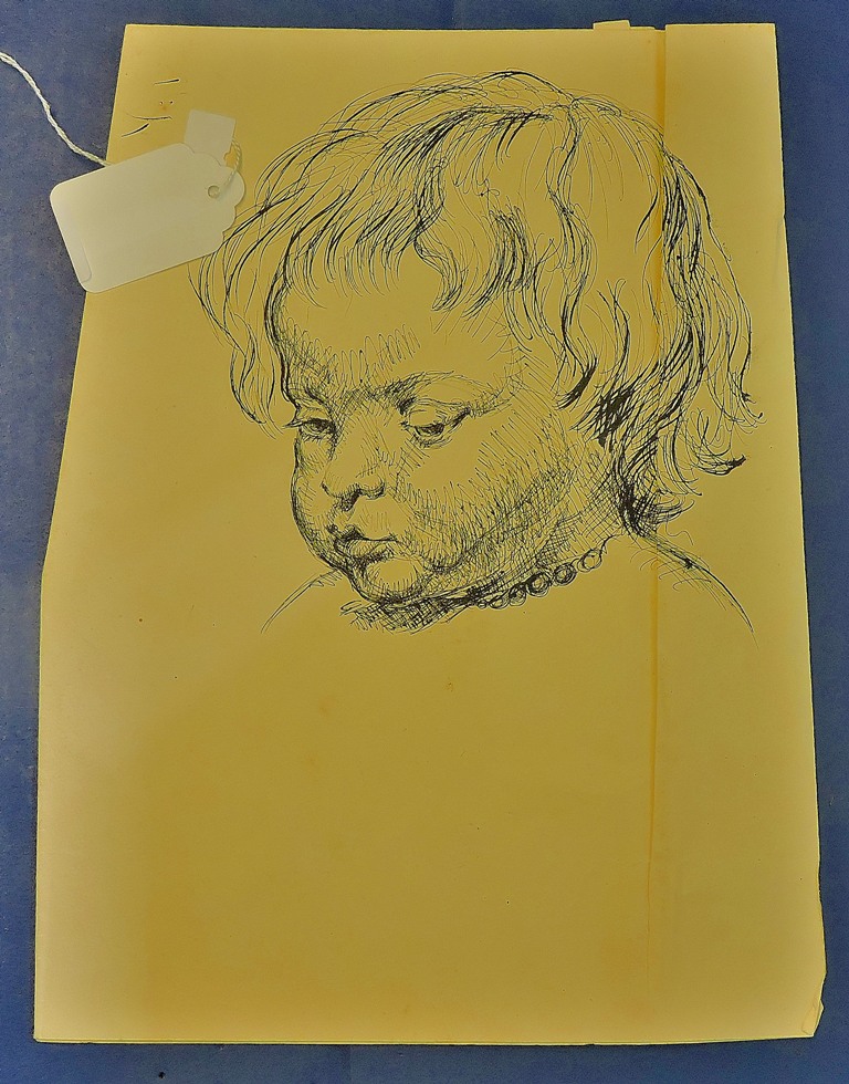 Pen & Ink Portrait - Of Child's head with necklace  On paper with 3 rough sketches on reverse fold.