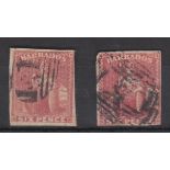 Barbados - 1858 (6d) Pale Rose-Red  SG11, fine used, small tear at left; 6d Deep Rose-Red, SG11a,