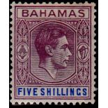 Bahamas - 1938 5/- Lilac & Blue  SG156.  m.m., scarce thick chalky paper.
