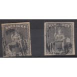 Barbados - 1858 (1/-)  (2)  1/- Brown-Black, SG12 and 1/- Black, SG12a.  Both fine used SG £185.