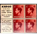 Great Britain 1936 King Edward VIII 1½d  Booklet Advert Pane. "Kargo 2/6 per pack".  M/Mint, SG6.