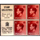 Great Britain 1936 King Edward VIII 1½d  Advert Pane. "Stamp Collectors/Charles Nissen.  M/Mint,