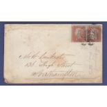 Great Britain 1850 Entire to Southampton, SG8, 3 margin pair.  Black/red/blue back stamps.