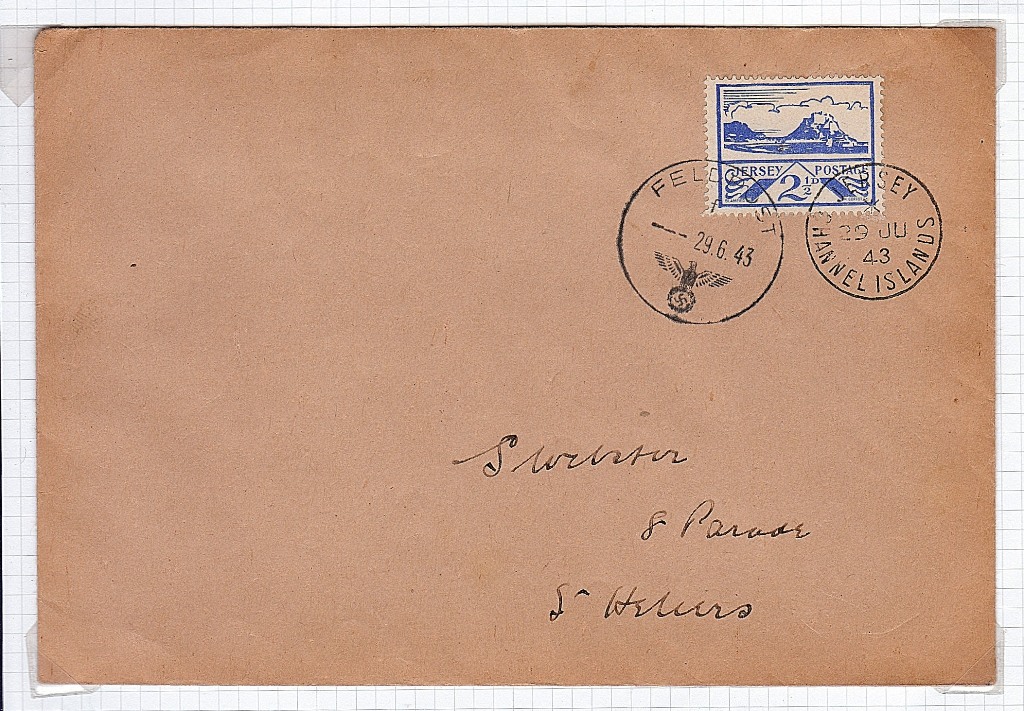 Jersey - 1943 (19 JUN) 2½d  First Day Cover to St. Heliers, 6sd Jersy datestamp and FELFPOST 'J'