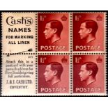 Great Britain 1936 King Edward VIII 1½d  Booklet Advert Pane.  Cash's Names for marking all