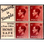 Great Britain 1936 King Edward VIII 1½d  Booklet Advert Pane. "Saving is Simple/Post Office Home