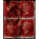 Great Britain 1855 1d Brick red, block of 4, SG30, G/FU. Perf fault A-L N.E. corner.