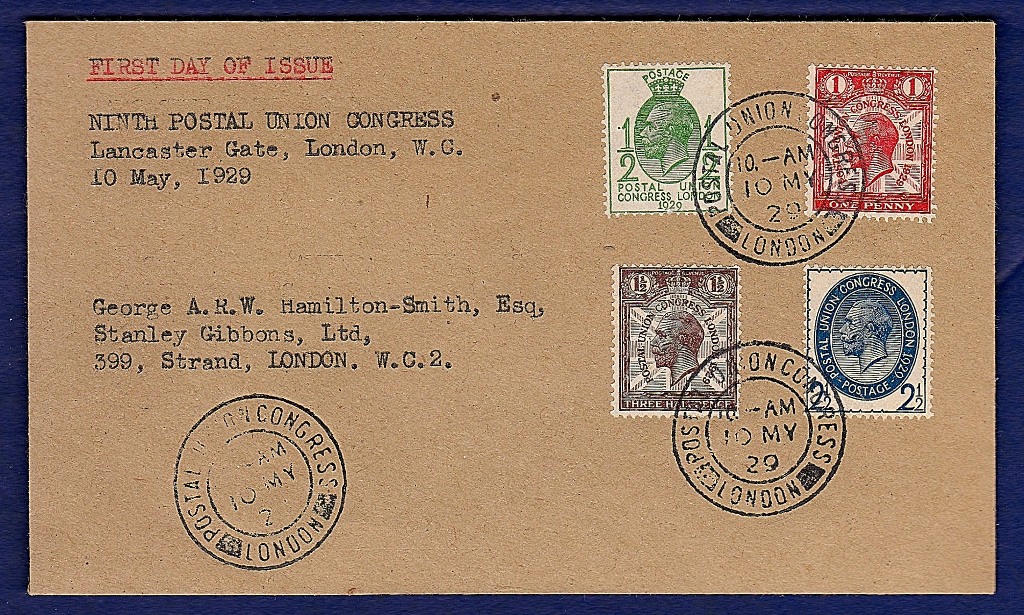 Great Britain - 1929 Postal Unused Congress ½-2½d (4)  First Day Cover addressed to Stanley Gibbons,