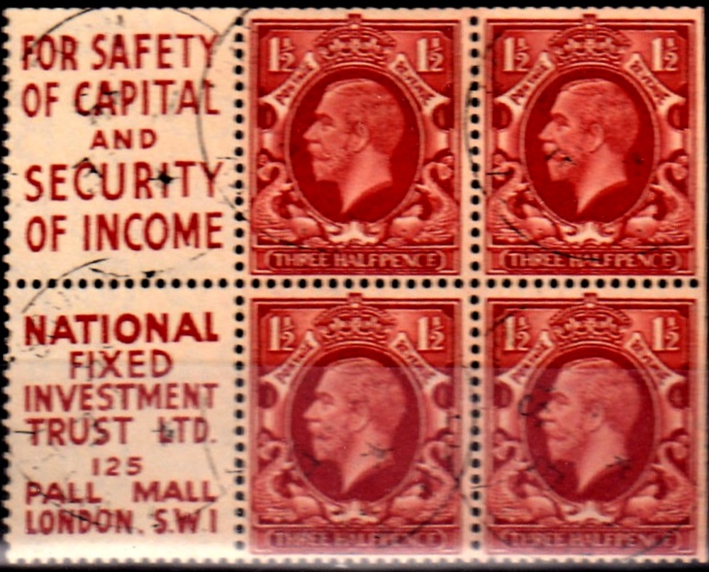 Great Britain 1936 1½d  Booklet pane "For Safety of Capital/National Fixed Trust".  WMK inverted.