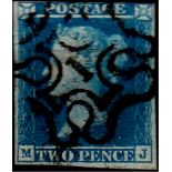 Great Britain 1841 2d Blue  SG14f, MX No 1.  4 margins fine strike.