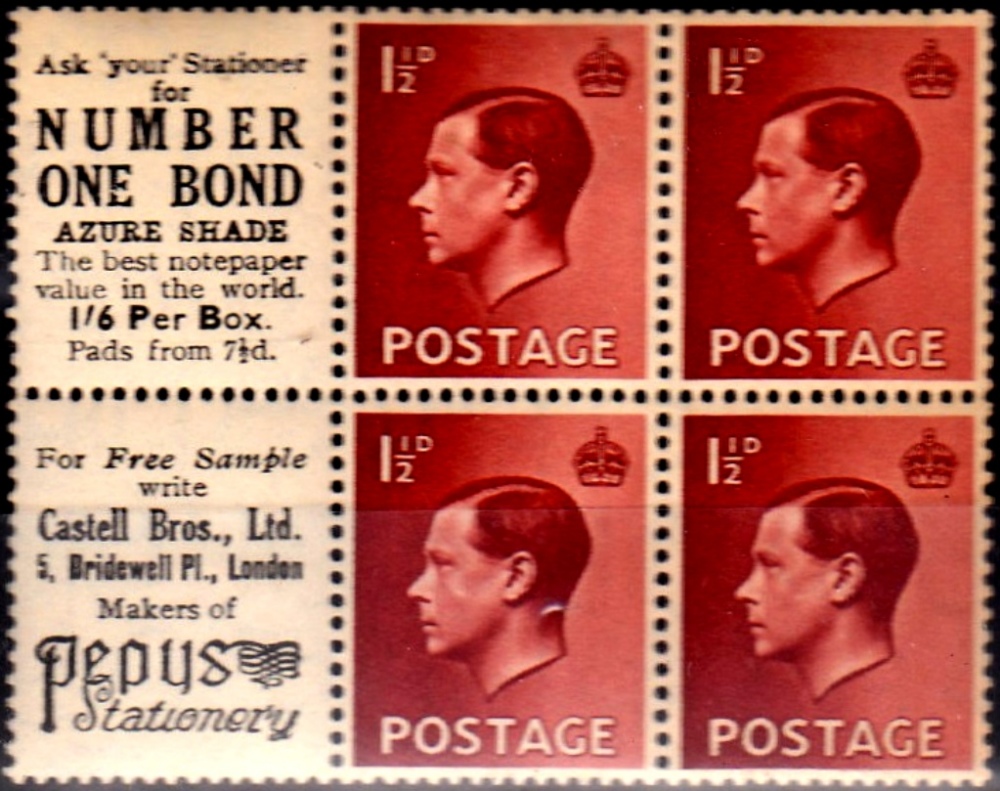 Great Britain 1936 King Edward VIII 1½d  Booklet Advert Pane (6). "Number One Bond".  M/Mint,