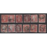 Great Britain 1841 1d red-brown, Plated examples, 1844 numeral cancels, four margins (12).  SH Pl