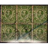 Great Britain 1912 ½d Green, SG 344, pane of six.  Fine used.