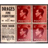 Great Britain 1936 King Edward VIII 1½d  Booklet Advert Pane. "Drages Fine Furniture/50 pay-way".