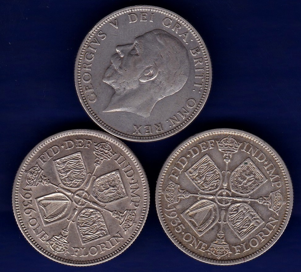 Great Britain Florin - 1933/35/36 King George V Fourth Coinage (3)  Grades 1933 NVF, 1935 NVF,